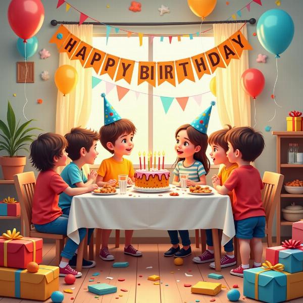 Festa di compleanno per bambini con decorazioni e torta