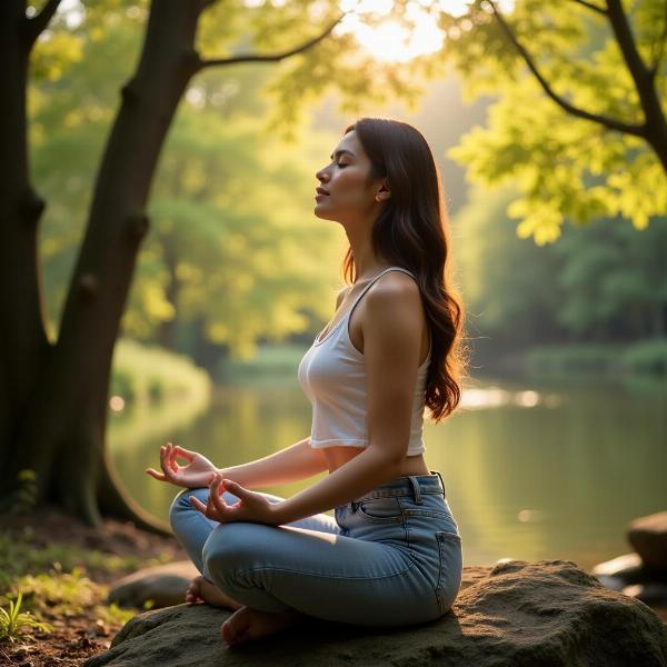 Donna che medita in mezzo alla natura