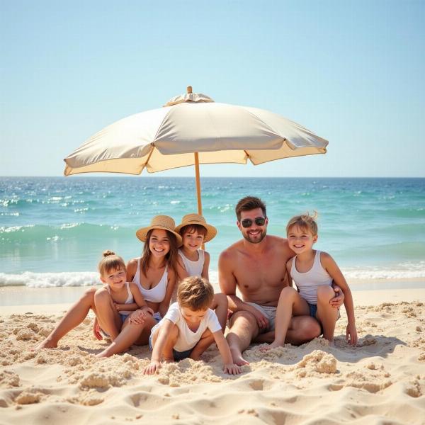 Famiglia felice in spiaggia durante l'ultima domenica di agosto